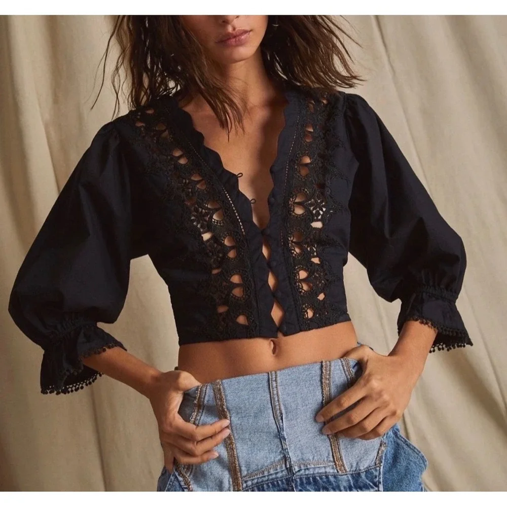 Free People Louella Black Lace and Embroidered Button Front‎ Cotton Top Medium